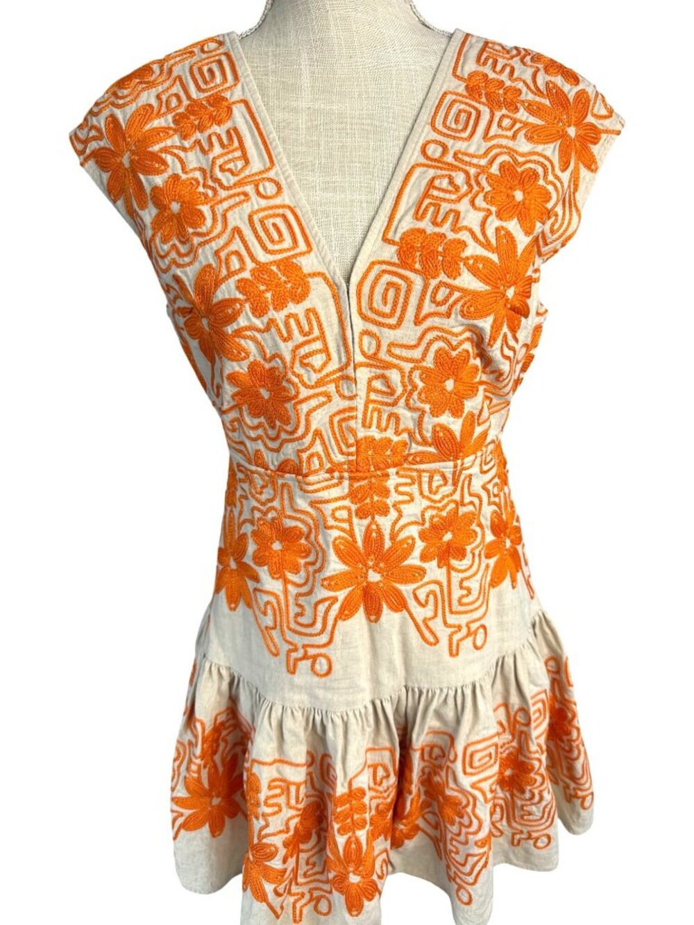 Maje Beige & Orange Embroidered Floral Sleeveless Dress Size 40